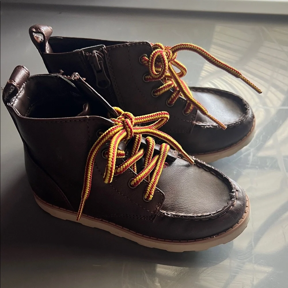 Cat & Jack Dark Brown Ankle‎ Boots with Yellow-Red Laces